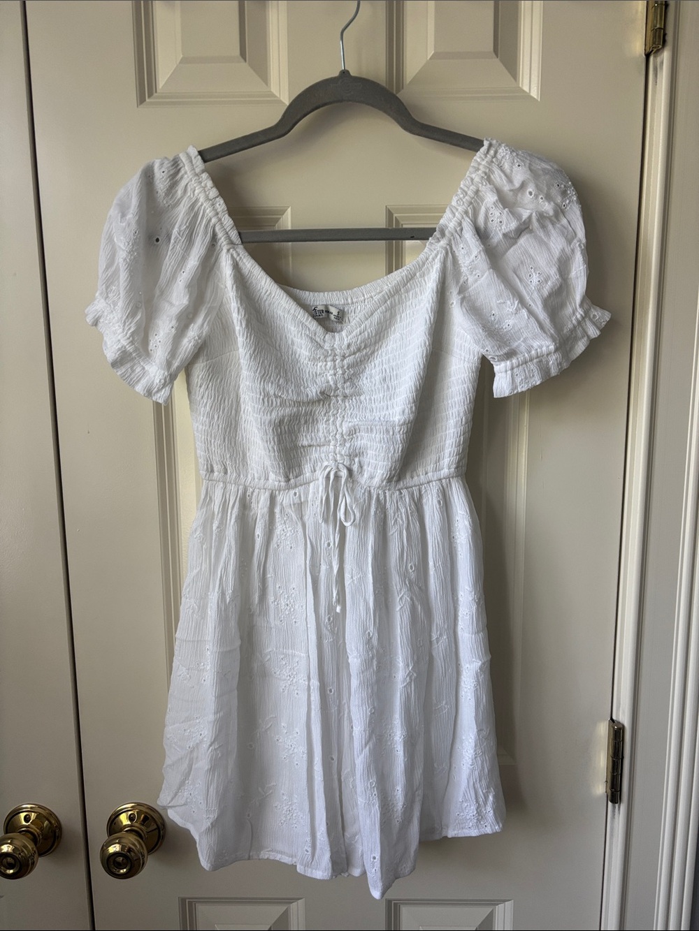 White Puff Sleeve Eyelet Romper Dress